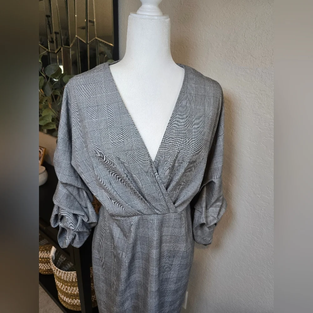 Zara Checked Ruched Arms Playd Gray Dress Size L - Picture 3 of 8
